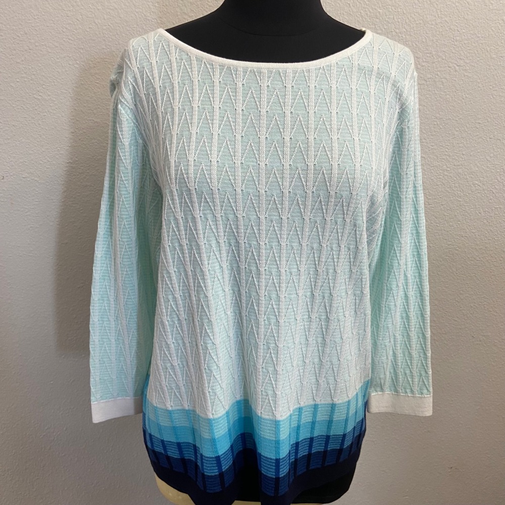 Talbots Womens LP Blue White Textured Chevron Boat Neck Cotton Sweater Ombre‎